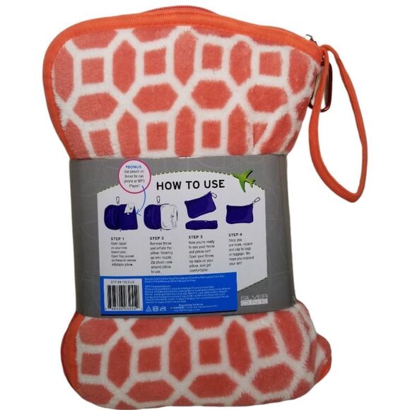 SILVER One Travel Blanket‎ And Pillow Set Orange White Geometric Pattern NWT - Picture 2 of 4